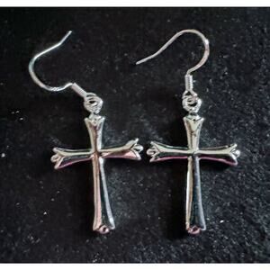 New Silver Tone Cross Dangle Earrings 1.5"  E86